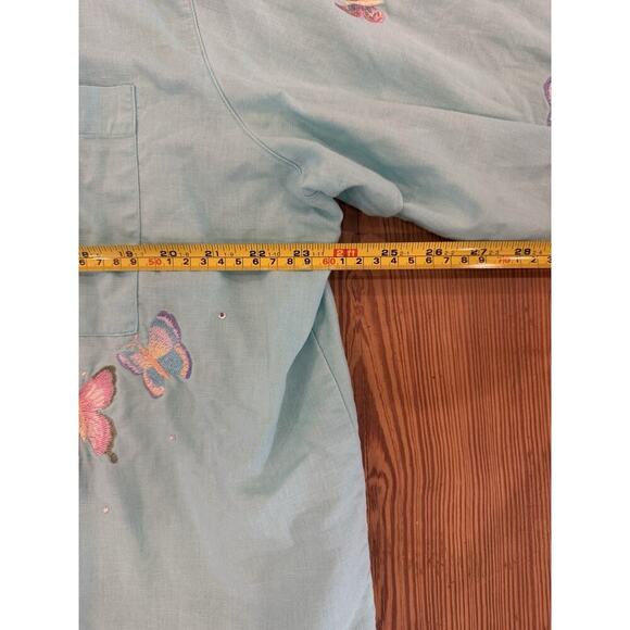 Women's Quacker Factory Butterfly Embroidered Linen Blend Button Up Blue XL - Picture 4 of 5
